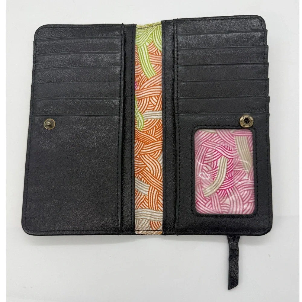 The Sak Black Leather Studded Bifold Slim Wallet Brass Accents Boho Organizer